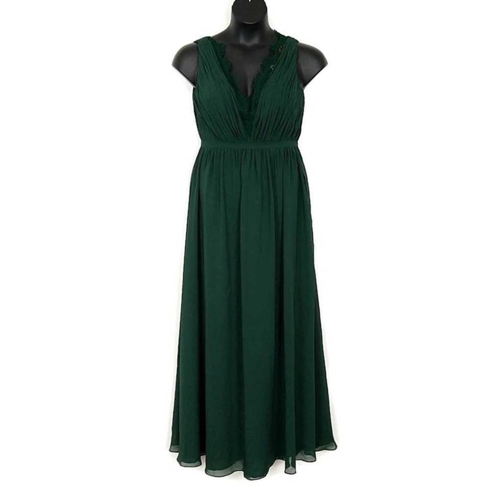 JJ's House Maxi Dress Women appx 16 Dark Green Pleated Lace V-Neck Chiffon Gown